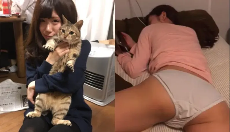 Cat-loving Sakura girl Miho was secretly filmed by her boyfriend taking off her underwear while lying on the bed