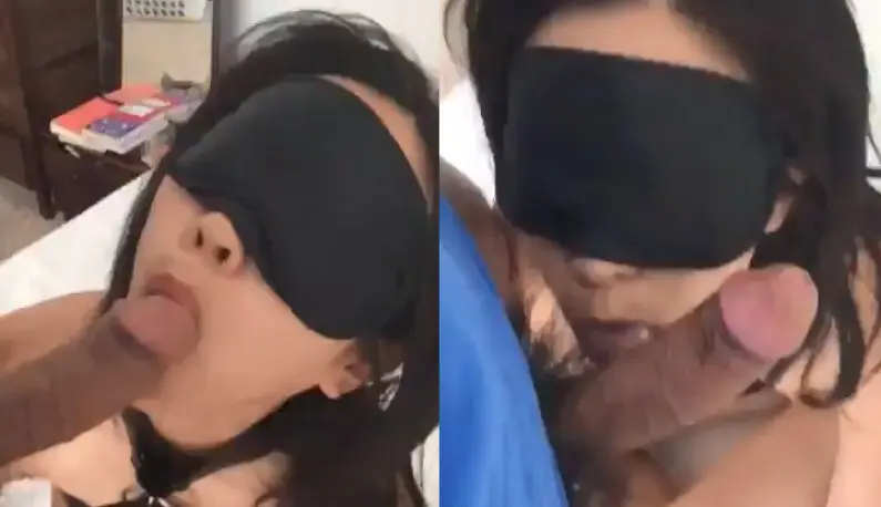 My girlfriend eats cock while blindfolded~ Kneeling in front of the big cock, licking it and biting it~