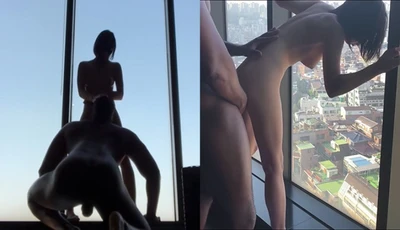 [South Korea] A sex selfie of a macho foreign student with a big black cock and a beautiful female companion leaked~ He was so excited to have sex in front of the floor-to-ceiling window!!