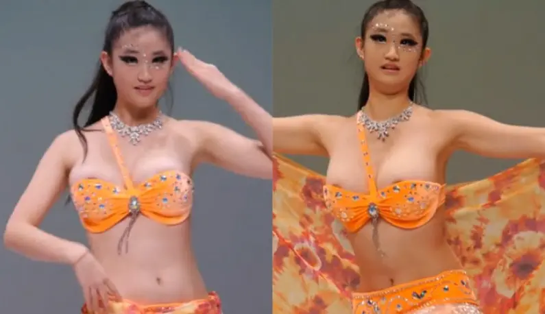 [韩国] 在舞蹈比赛上，欧妮的舞衣包不住巨乳，就一起晃了出来～