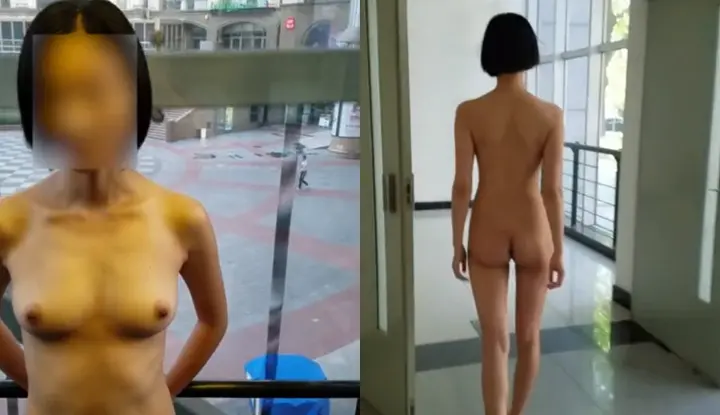 The model shares a collection of revealing selfies ~ A slim young girl with a white tiger pussy bravely breaks into the men's room naked in the exhibition center