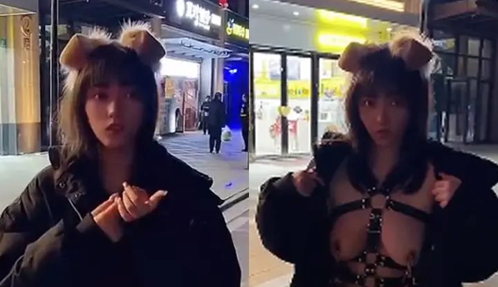 Twitter's high-profile bitch Jiuyue ~ Snow-white big breasts exposed on the street