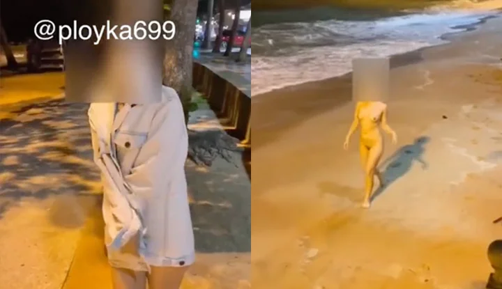 [泰国] 夜晚在无人的海滩边全裸散步的巨乳泰妹比身旁的海浪还要浪～