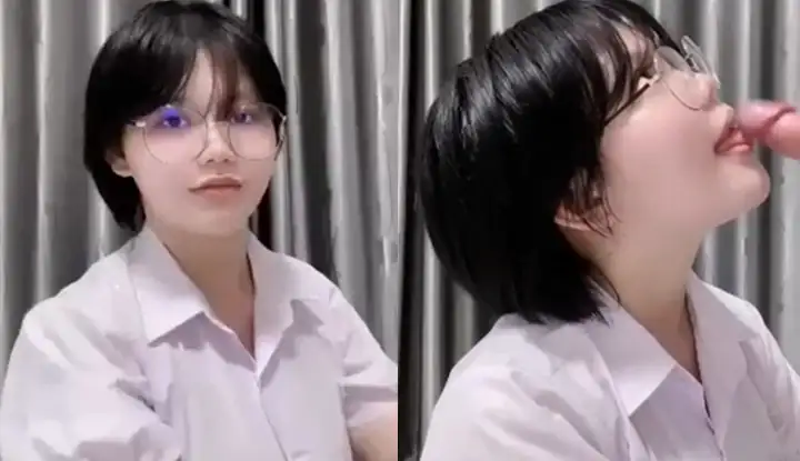 [Thailand] A cute student girl with big breasts and glasses secretly takes her boyfriend back to the dormitory and helps him eat his cock