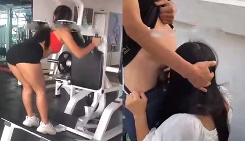 Lustful hotwife seduces fitness instructor on rooftop of gym, kneels and licks her from behind