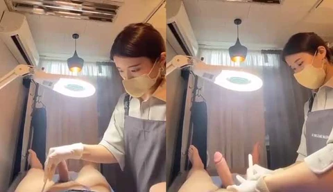 The shop master lets the beautiful nurse remove the hair with his hard cock