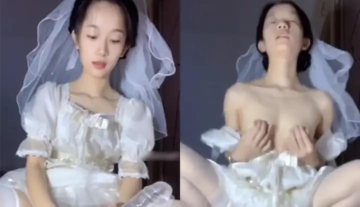 Sexy top lady, sexy masturbation in white silk wedding dress